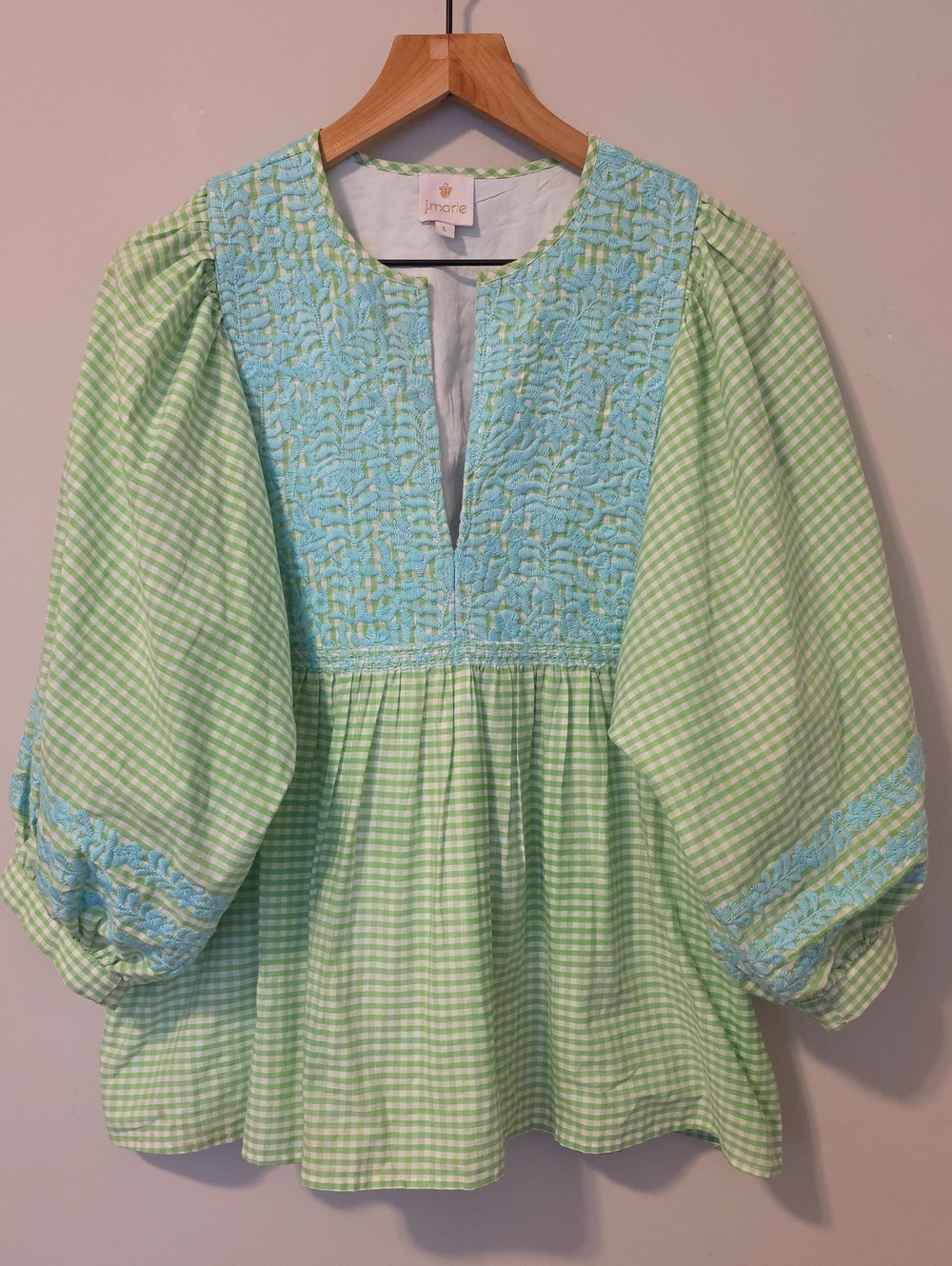 J.Marie Gingham Embroidered Smocked Babydoll Blouse